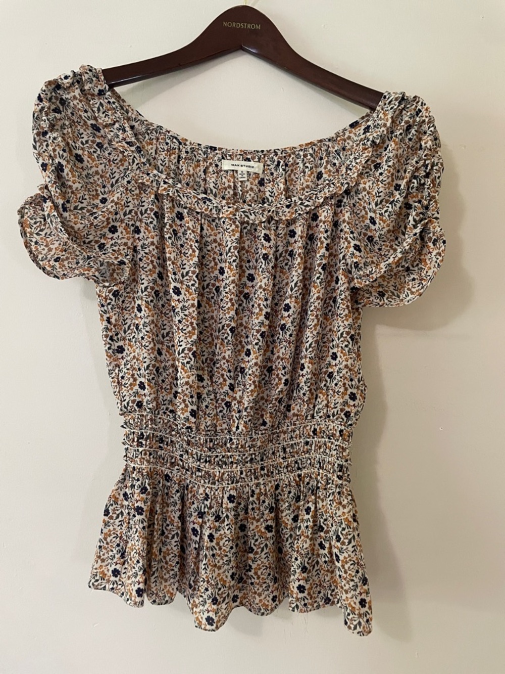 Boho Cream Floral Smocked Peasant western ditsy floral peplum top